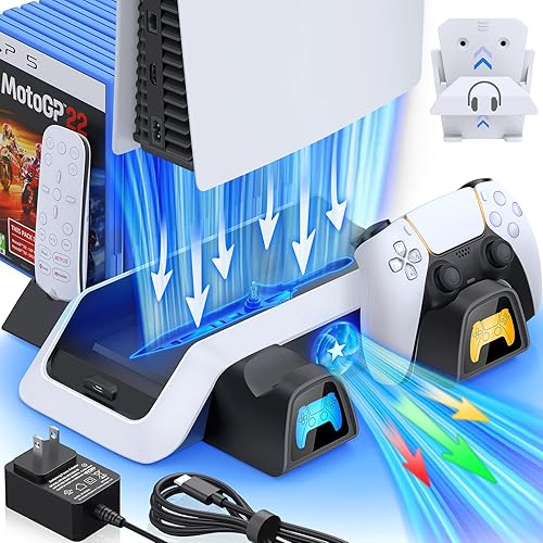 CYKOARMOR Soporte PS5 con estación de enfriamiento y cargador de controlador dual para consola PlayStation 5 PS5 (no compatible con PS5 Slim),