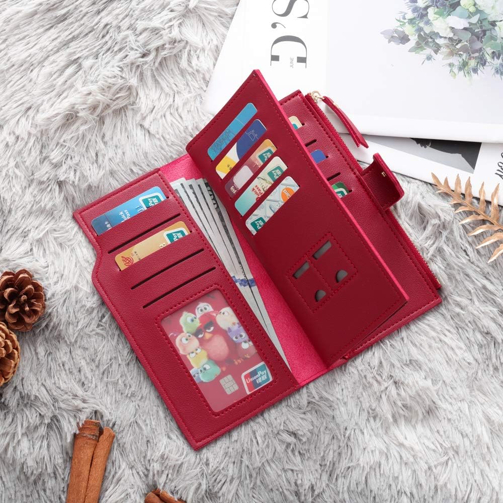 Nobelook Custom Engraved Leather Long Wallets for Men Women Personalized Photo Message Bifold Wallet ID Window Credit Card Holder (Red-Button)