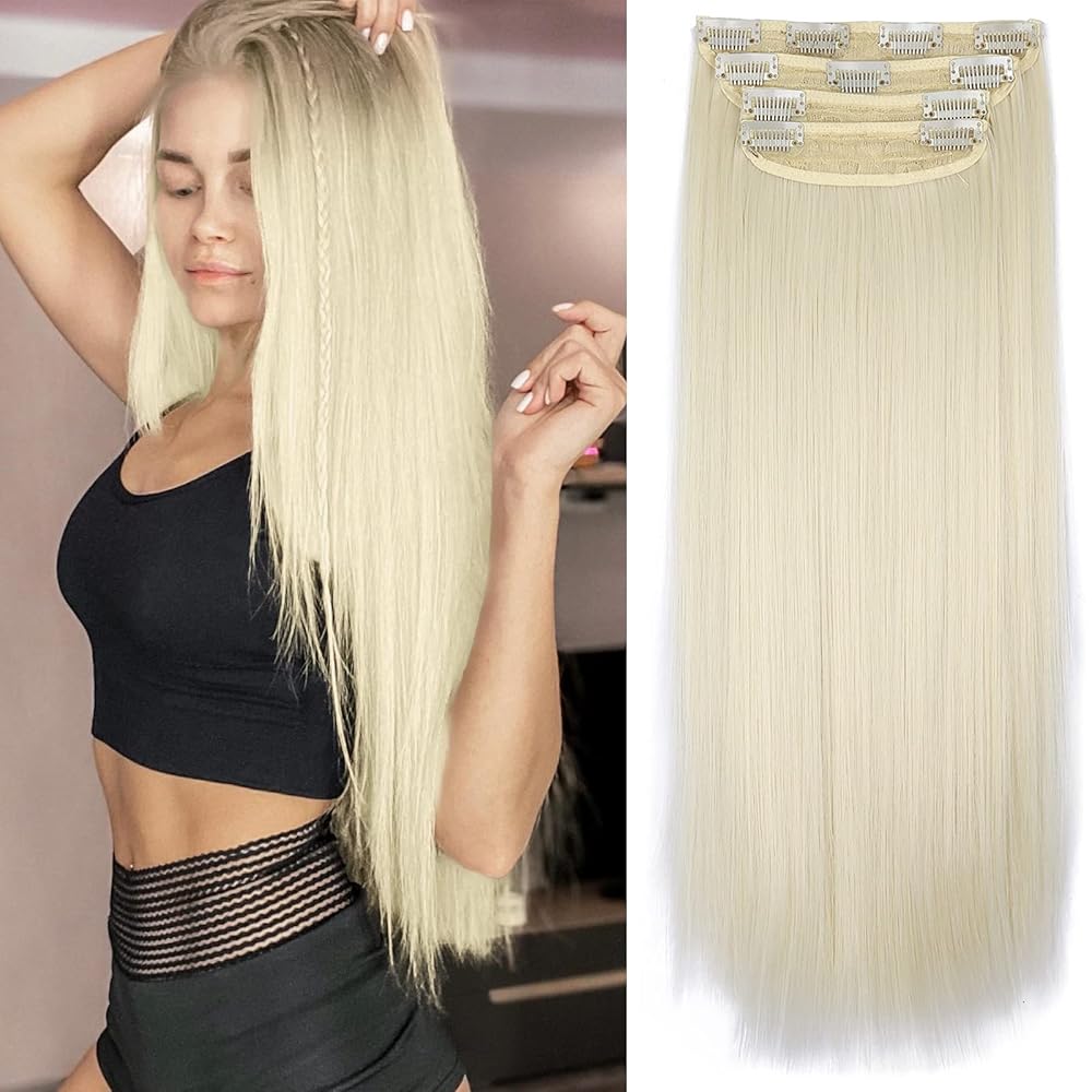 Clip in Synthetic Hair Extensions Long Straight 4PCS Thick Hairpieces 613 Blonde Fiber Double Weft Natural Hair Extensions 20 Inch for Women (4pcs, 20Inch, 613)