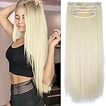 Clip in Synthetic Hair Extensions Long Straight 4PCS Thick Hairpieces 613 Blonde Fiber Double Weft Natural Hair Extensions 20 Inch for Women (4pcs, 20Inch, 613)