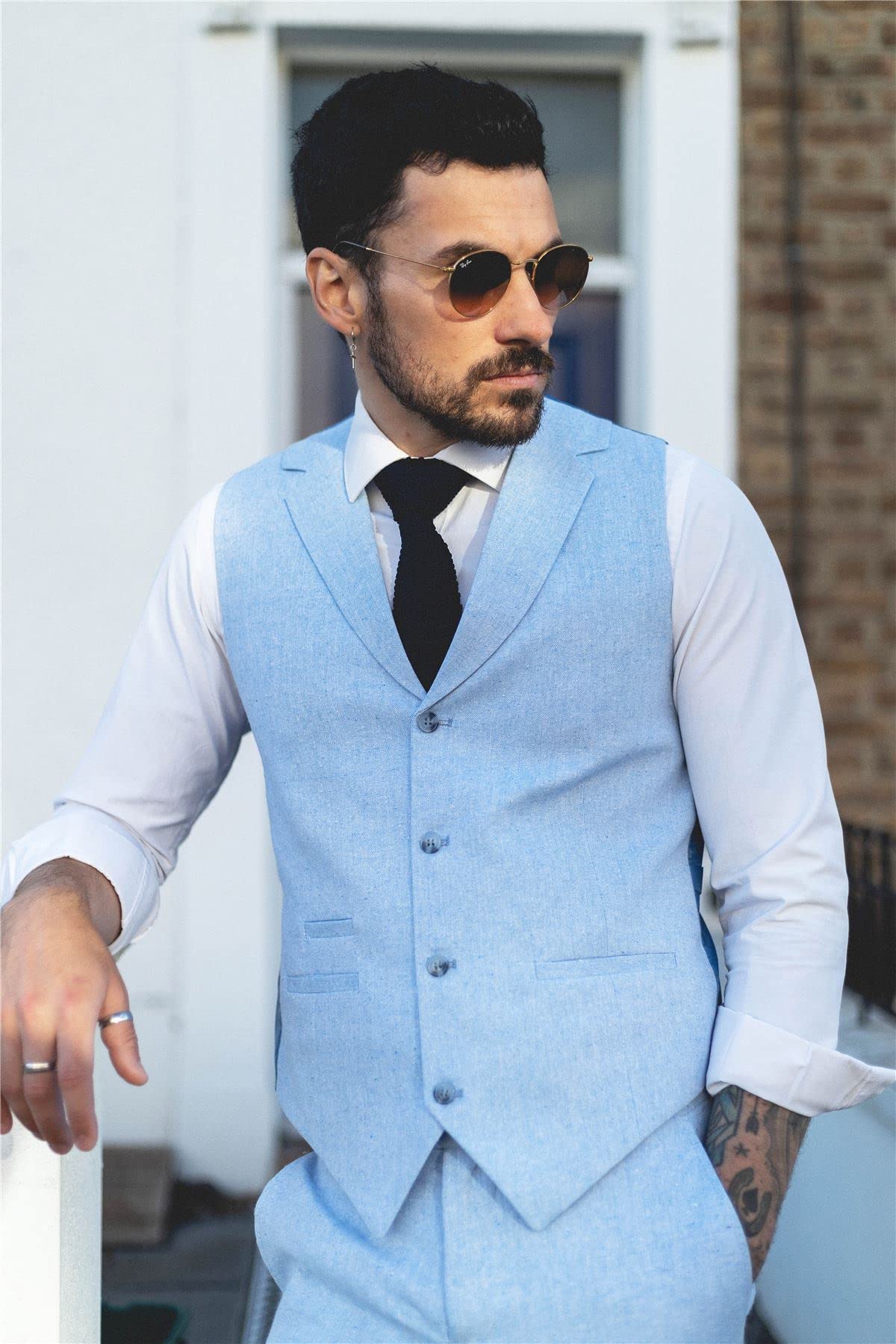 Abito estivo da uomo, in lino, elegante, formale, blu, matrimonio