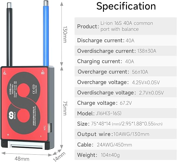 DALY 3S-24S BMS da 15A a 200A Scheda di protezione con filo di bilanciamento e sensore di temperatura per pacco batterie al litio (Li-ion 16S 60V, 40A) - 2