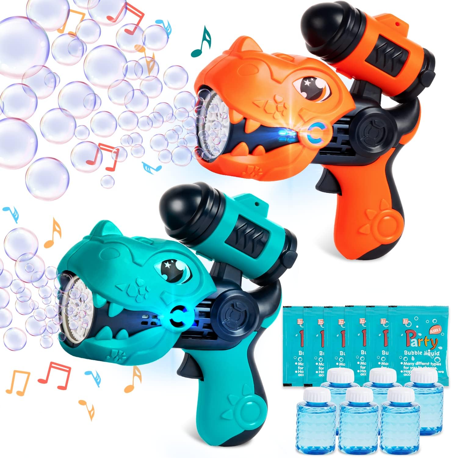 2 PCS Dinosaur Bubble Gun Blaster for Kids, Outdoor Bubble Machine Blower Maker with Lights and Sounds, Birthday Toys Gifts for 1 2 3 4 5 6+ Years Toddlers Boys and Girls