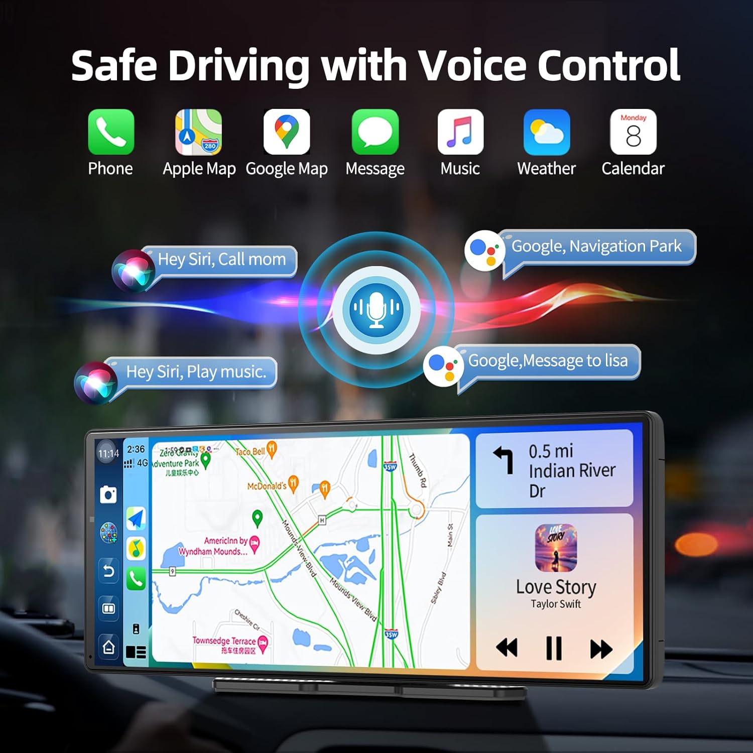11.3" QLED Android 8Core 4G+64G Carplay Screen for Car Android Auto & Carplay Screen with Netflix YouTube Google Play AI 1080P Rear Camera Split Screen GPS Navigation Voice Control