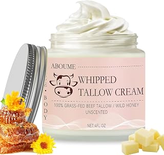Beef Tallow for Skin, 100% Grass-Fed Whipped Beef Tallow and Honey Balm with Wild Honey & Beeswax, Face & Body Moisturizer Cream for Sensitive Skin 4 FL.OZ