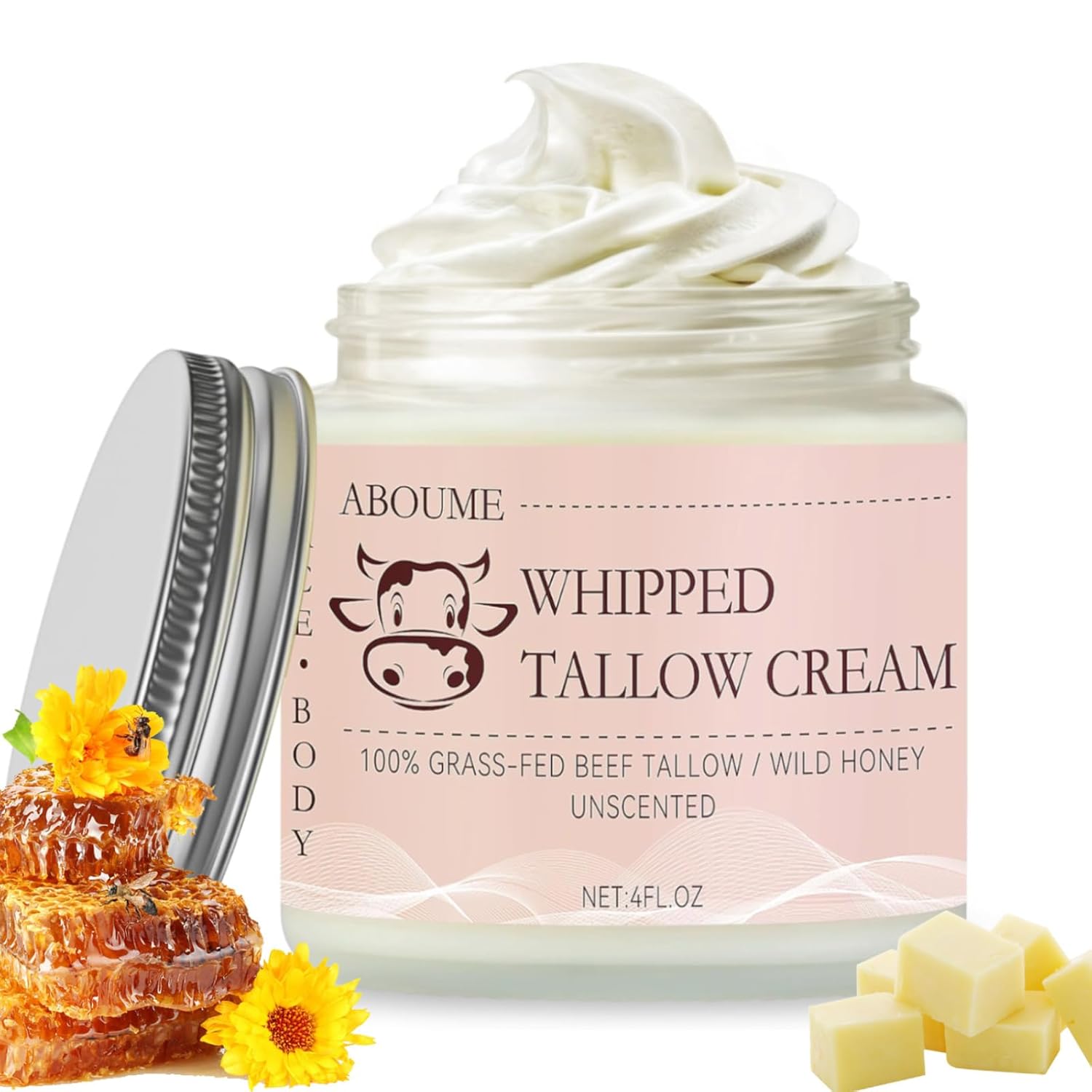 Beef Tallow for Skin, 100% Grass-Fed Whipped Beef Tallow and Honey Balm with Wild Honey & Beeswax, Face & Body Moisturizer Cream for Sensitive Skin 4 FL.OZ