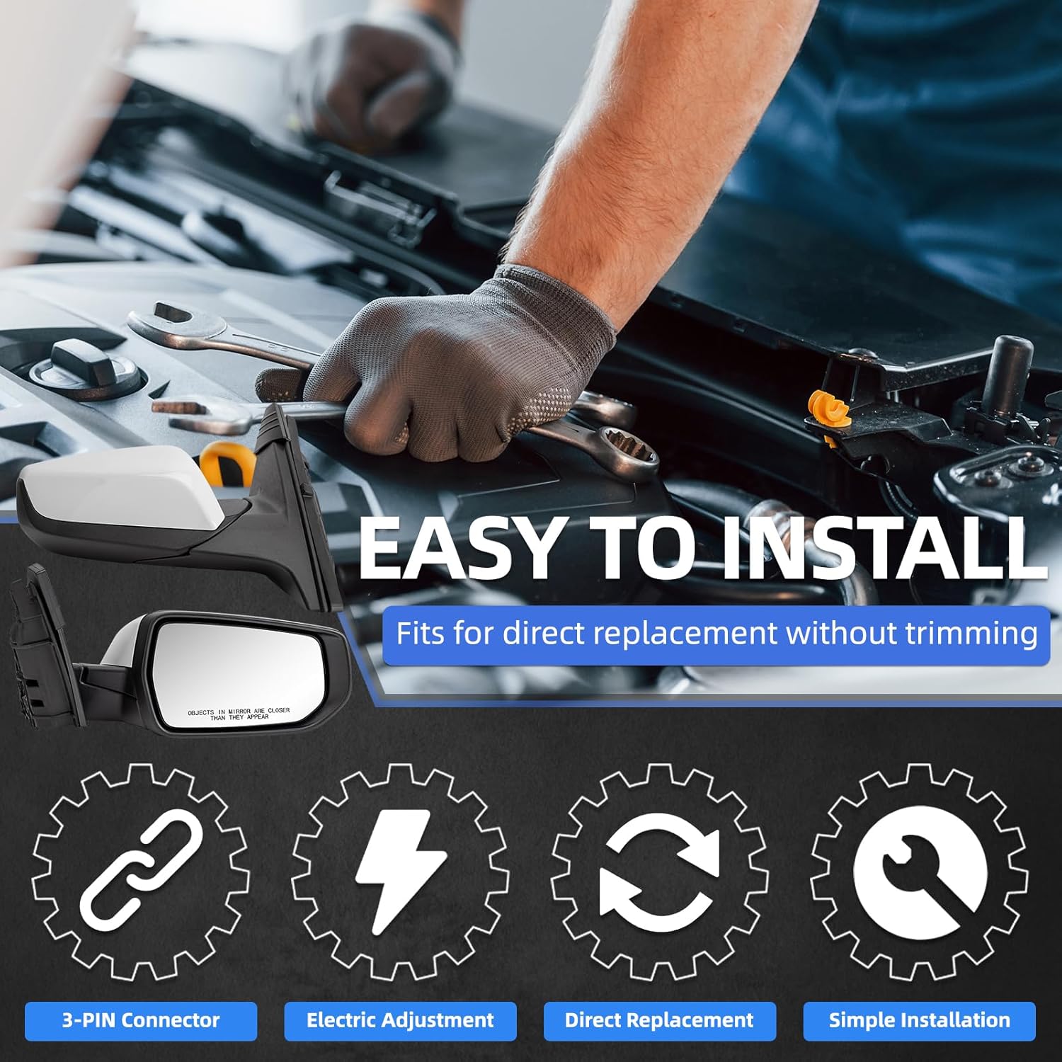 Right Passenger Side Rear View Mirror Replacement for Chevrolet Chevy Malibu 2016 2017 2018 2019 2020 2021- Rearview Mirrors with 3Pins,Electric Adjustment, white