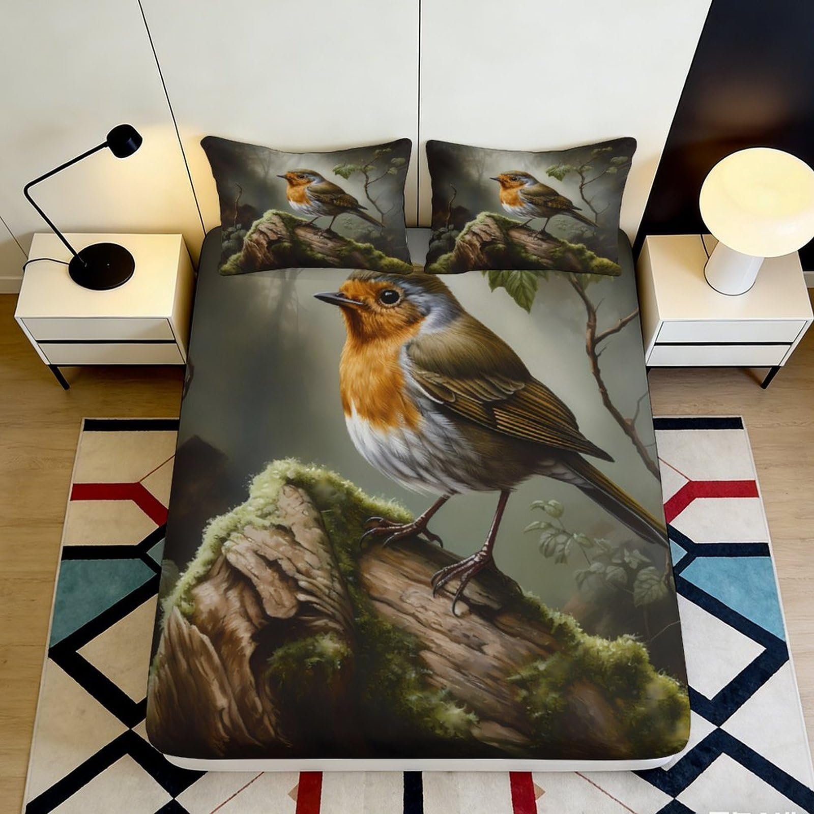 3D Printed Robin Forest Fitted Sheet Microfiber Soft Non-Slip Bird Mattress Cover for Bedroom Guest Room Decor 90x200x25cm