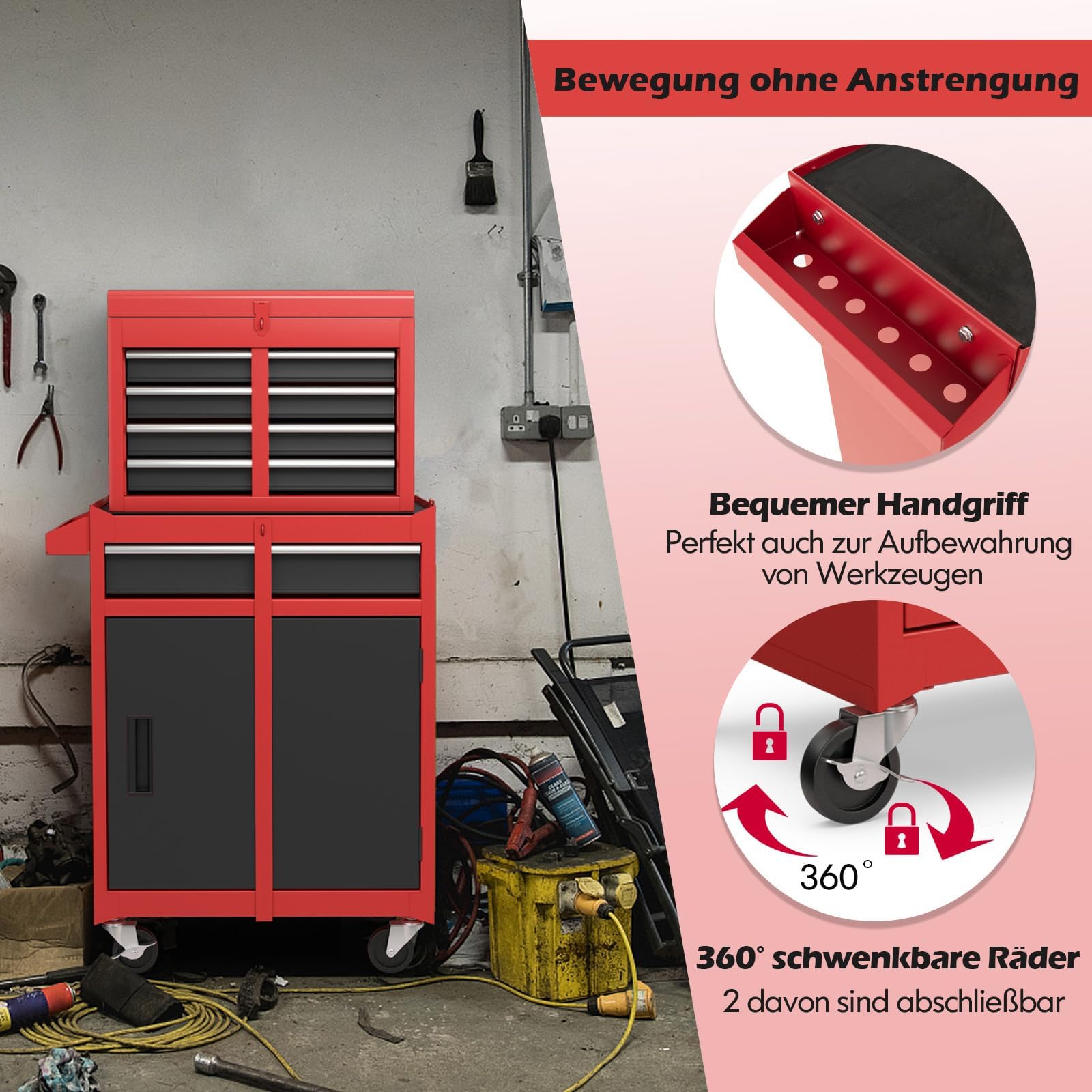 FANTASK Carrello da officina con serratura su ruote, carrello degli attrezzi professionale 2 in 1, con valigetta, 8 scomparti, ganci e ripiano regolabile, 59 x 28 x 102 cm (rosso)