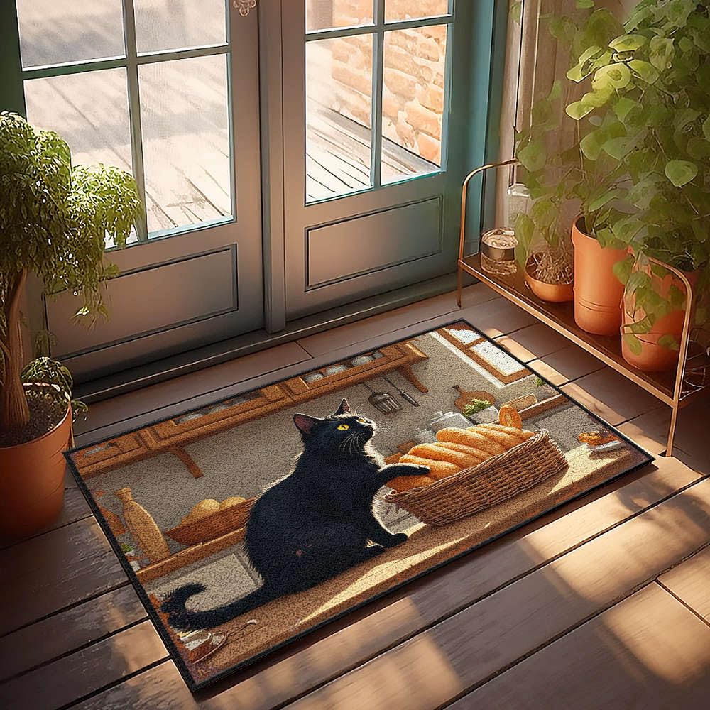 Tapis d'automne chat noir pour une cuisine confortable et accueillante