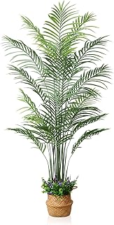 MOSADE Artificial Areca Palm Tree 6 Feet Fake Tropical Palm Plant and Handmade Seagrass Basket+Artificial Flowers, Perfect...