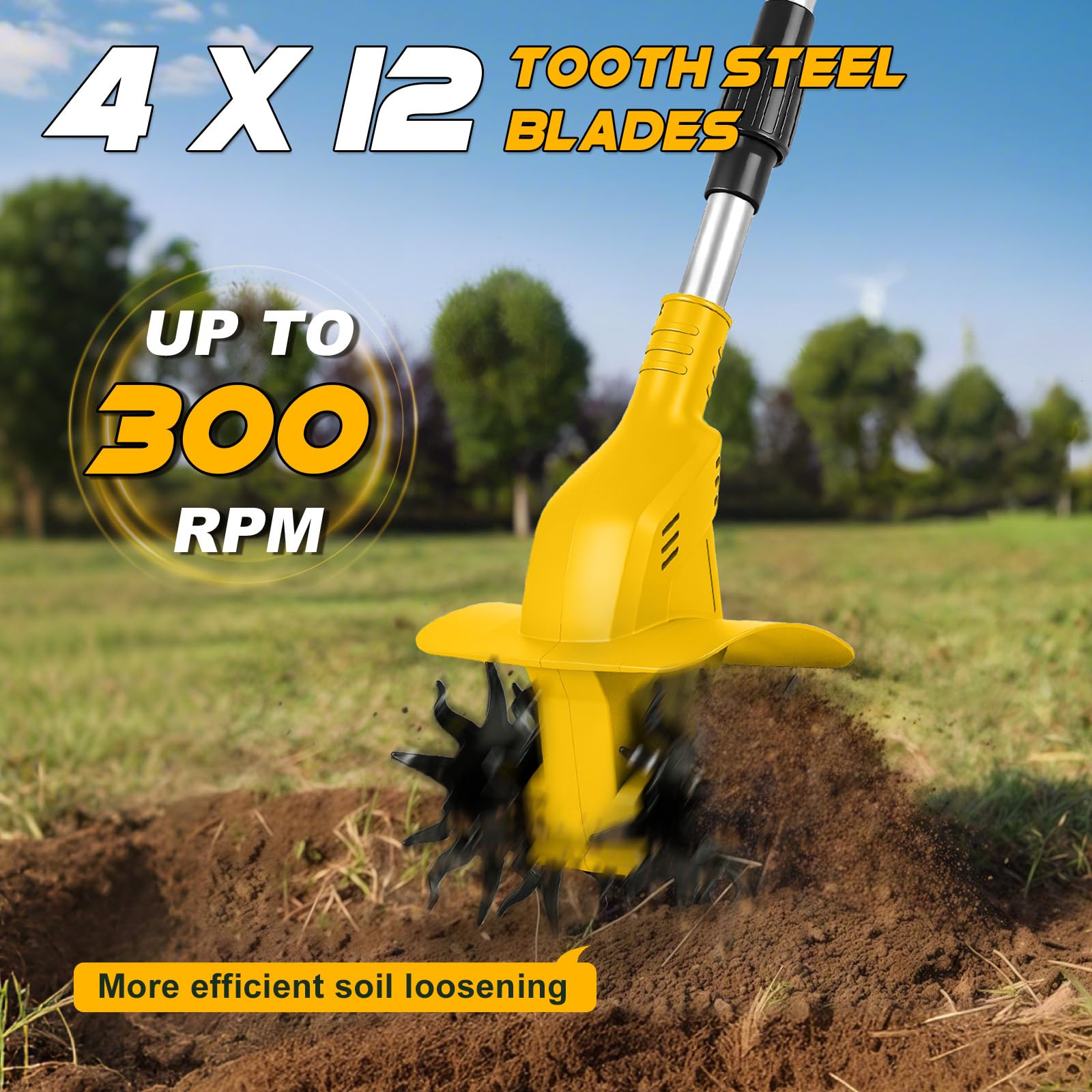Azada de suelo inalámbrica compatible con batería Dewalt de 20 V, batería de 500 W, 20 cm de profundidad de labranza, 16 cm de ancho de mecanizado, 360 rpm, sin escobillas, plegable, fresadora