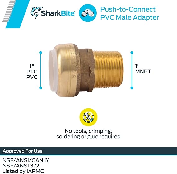 SharkBite 1 Inch PVC x 1 Inch MNPT Adapter, Push to Connect Brass Plumbing Fitting, PEX Pipe, Copper, CPVC, PE-RT, HDPE, UIP140A
