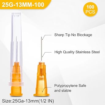 100 Pack 25 G 13mm Disposable Needle Luer Lock Lab Accessories,Scientific Industrial Dispensing Accessories, Individually Packaged