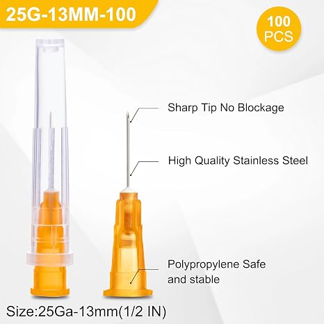 100 Pack 25 G 13mm Disposable Needle Luer Lock Lab Accessories,Scientific Industrial Dispensing Accessories, Individually Packaged