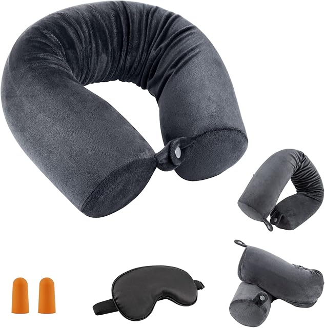 KIJOYi Travel Pillow Twist Neck Pillow,Memory Foam Airplane Pillow for neck, chin, waist and leg,Neck Support Pillow for Flight, Bus, Train, Camping or at Home, Adjustable, Bendable (Dark grey)