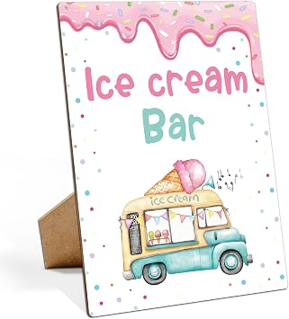 Ice Cream Birthday Party Sign, 8x11 Wooden Tabletop Decorative Sign with Stand, Ice Cream Party Decorations