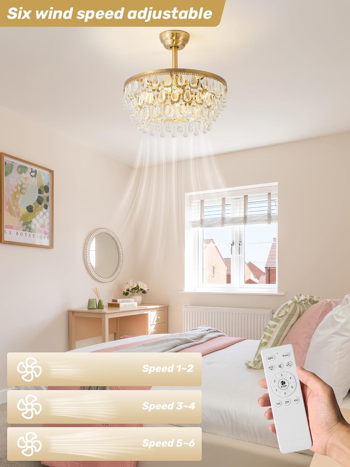 Gold Crystal Fandelier Ceiling Fan with Light, 20" Crystal Chandelier Ceiling Fans with Lights and Remote with 6 Speeds for Bedroom, Living Room, Nursery