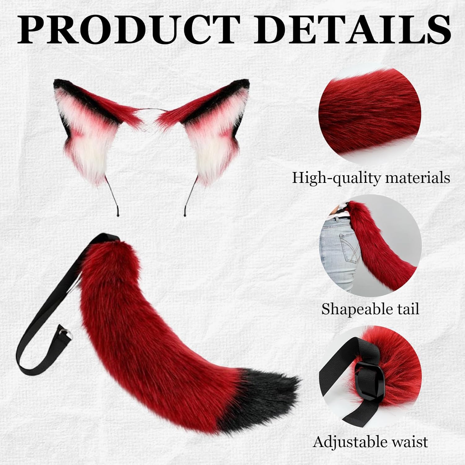 2 Pcs Wolf Fox Ears and Tail Set Furry Therian Tail and Ear, Cat Ear Wolf Tail Cosplay Costume Wolf Ear Headband and Tail Set for Halloween Christmas Women Men Red - Image 4