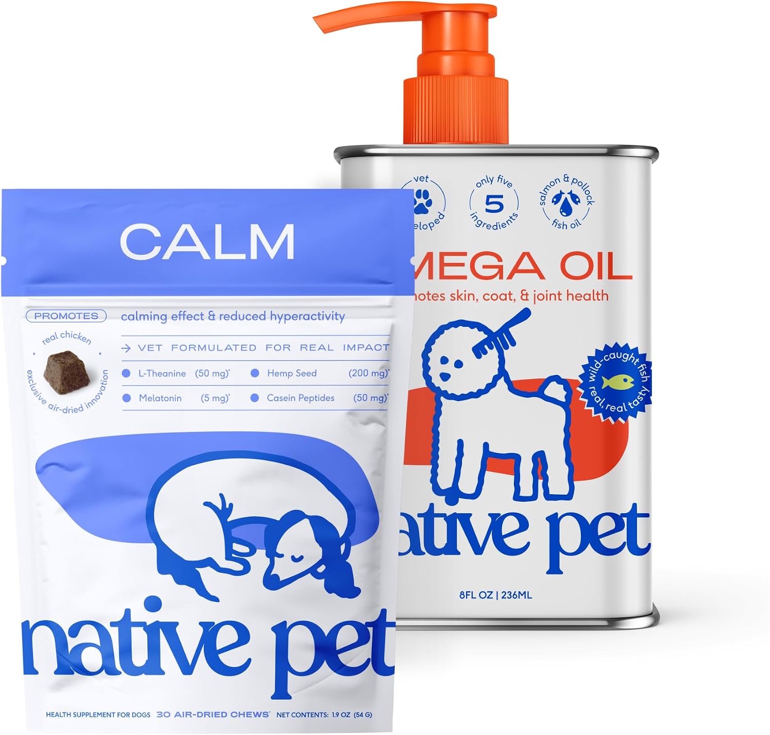 Native Pet Calm & Comfort Bundle: Dog Calming Chews (30 Air-Dried Chews) & Omega 3 Fish Oil (8 Oz.) - Natural Anxiety Relief with Melatonin & Fast-Absorbing Omega 3 6 9 Supplement for Pups