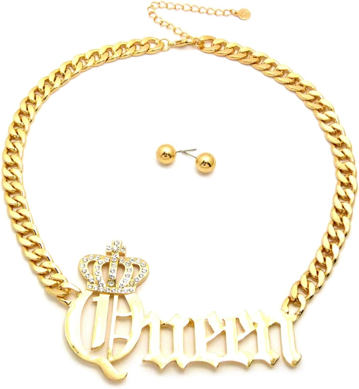 CBC Crown Womens Queen Pendant 10mm 18" Link Chain Necklace and Earring Set In Gold or Rhodium Tone