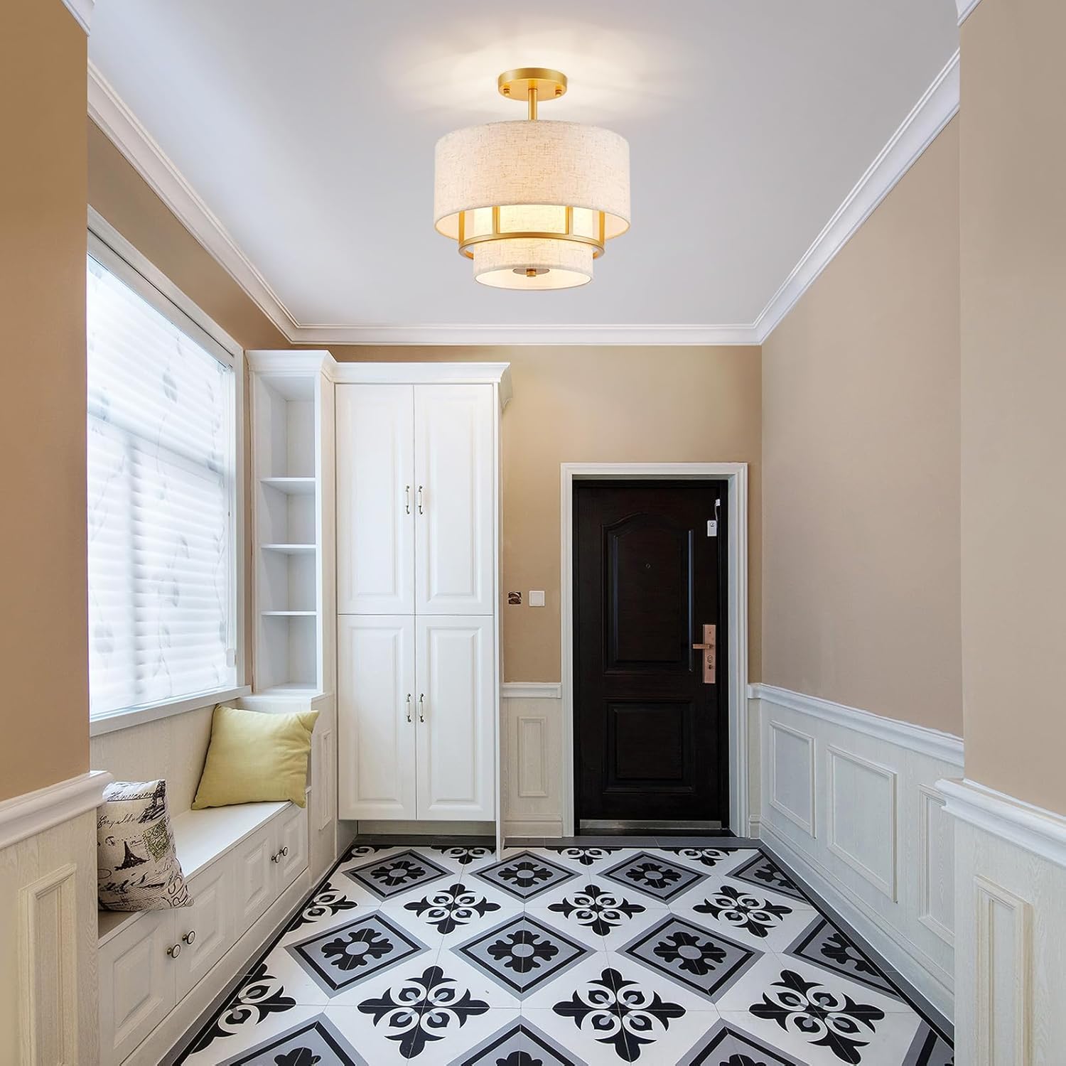 2-Layer Fabric Drum Ceiling Light, 3-Light Semi-Flushmount Light Fixture for Living Room, Bedroom, Hallway, D13×H14 inch, Gold Finish Frame & Linen Lampshade