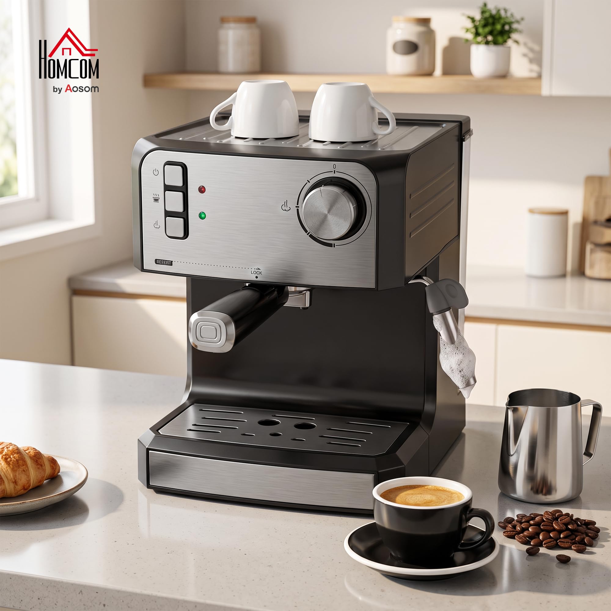 HOMCOM Espressomaschine mit Milchaufschäumer, 1,6L Wassertank, Doppelshot