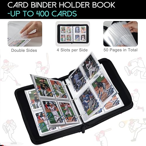 Miniatura 8 de Carpeta de tarjetas de béisbol de 400 bolsillos, 4 bolsillos para colecciones de tarjetas, 50 páginas, soporte de tarjetas de doble cara con