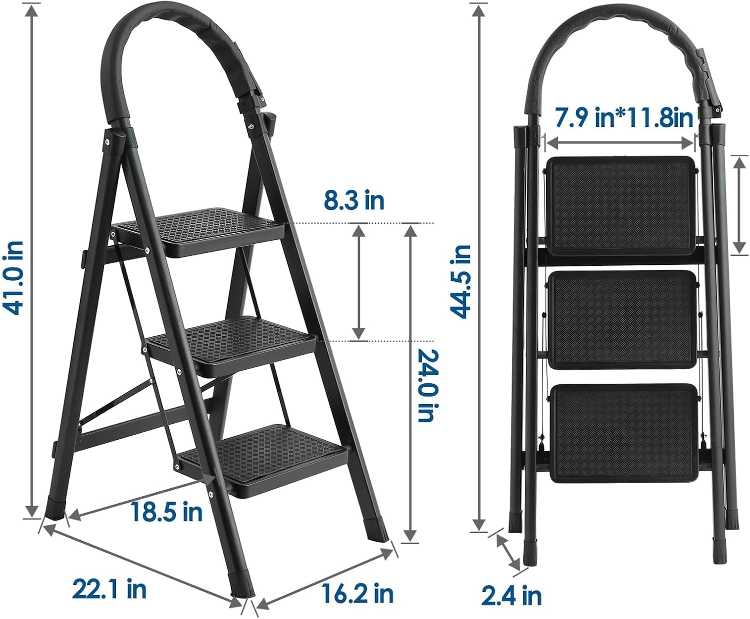 QUINEEHOM Step Ladder 3 Step Folding, 330lbs Load Capacity 3 Step Ladder with Handrails, Step Stools for Adults with Anti-Slip Pedal, Lightweight Portable Step Stool Foldable for Household, Black