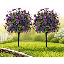 2PACK Artificial Mums Flowers Topiary Ball Plants with Spike,Fall Outdoors Fake Greenery Bushes with Stake, UV Resistant Faux Shrubs for Porch Yard Garden Front Door Autumn D17