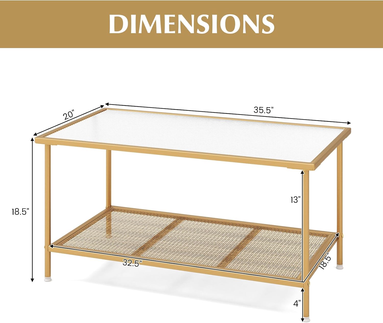 Tangkula Glass Coffee Table, 2-Tier Rectangular Tempered Glass Center Table w/Metal Mesh Storage Shelf, Modern Accent Table with Gold Metal Frame for Living Room & Small Spaces (Gold, 35.5”L)