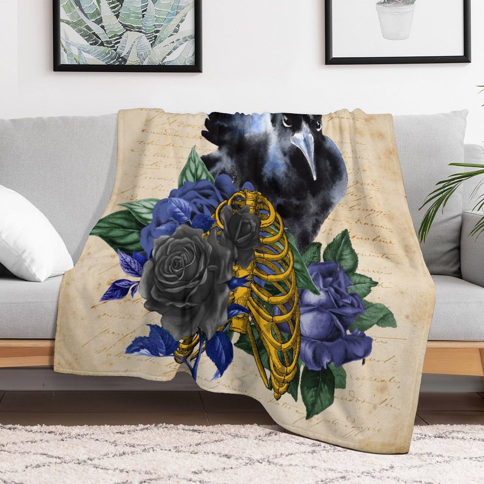 Couverture squelette et corbeau 150x200 cm plaid de lit doux