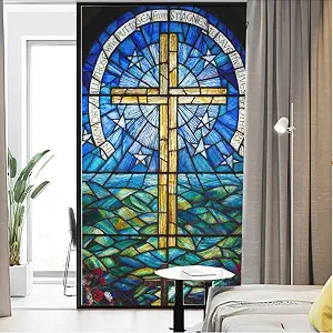 Privacy Window Film Cross Church Stained Glass Static Cling Window Coverings 15.7"x31.5"