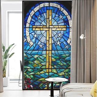 Privacy Window Film Cross Church Stained Glass Static Cling Window Treatments Window Coverings Glass Sticker Decorative Film for Siding Glass Door Home Decor 15.7"x31.5"(40x80cm)