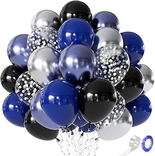 Blue and Black Balloons, Navy Blue and Silver Balloons Metallic Blue Dark Blue &Silver Confetti Party Balloons for Graduation Birthday Baby Shower Decorations