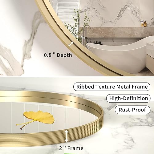 Miniatura 3 de Espejo redondo dorado para pared, espejo de baño circular de 24 pulgadas, espejo de pared de baño redondo con textura acanalada, espejo de pared