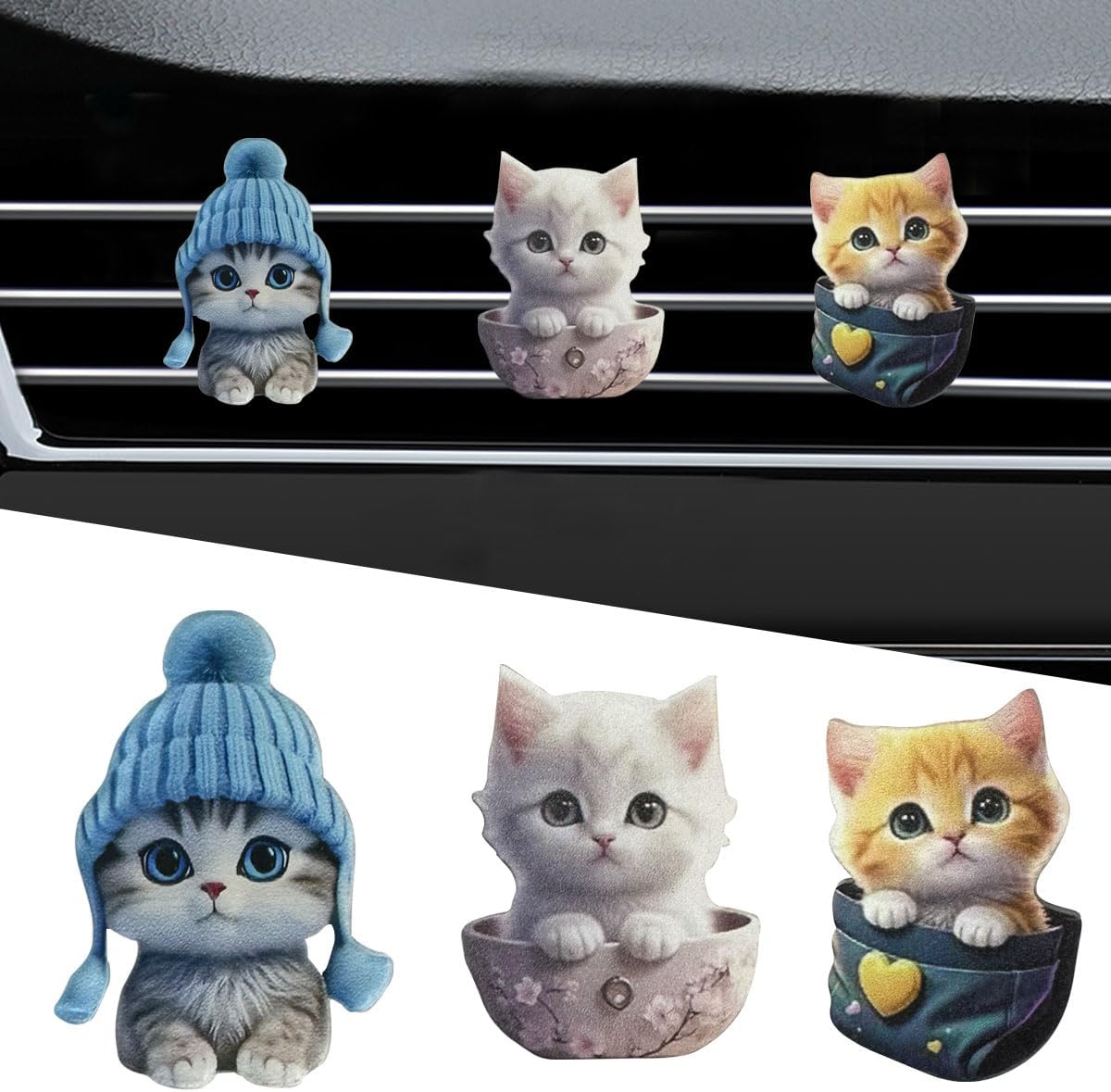 3PCS Cute Cat Car Air Vent Clips, 2D Flat Acrylic Cartoon Kitty Car Air Conditioner Outlet Clip, Auto Interior Decoration Accessories for Most Vehicles (Blue/Pink/Green)