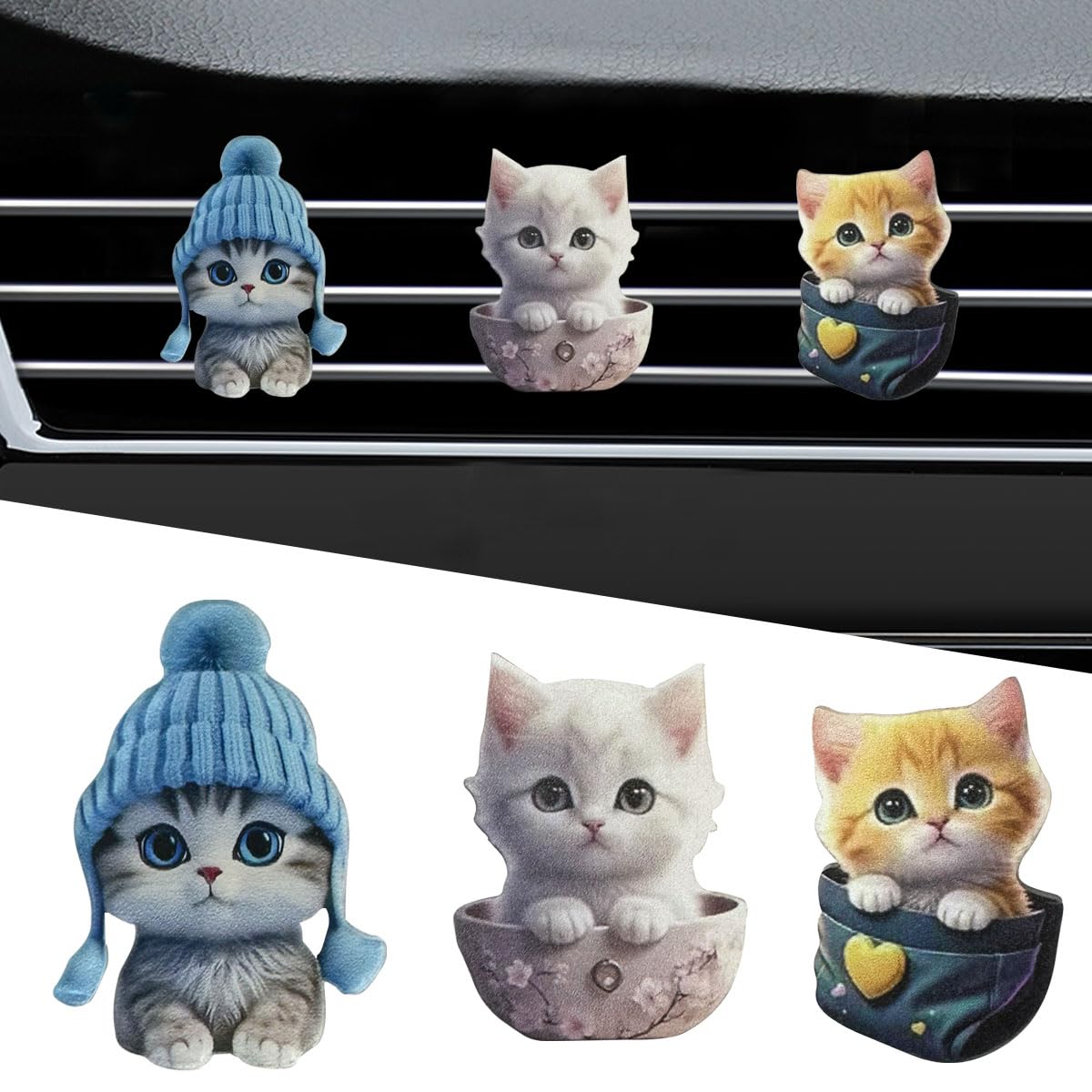 3PCS Cute Cat Car Air Vent Clips, 2D Flat Acrylic Cartoon Kitty Car Air Conditioner Outlet Clip, Auto Interior Decoration Accessories for Most Vehicles (Blue/White/Yellow)