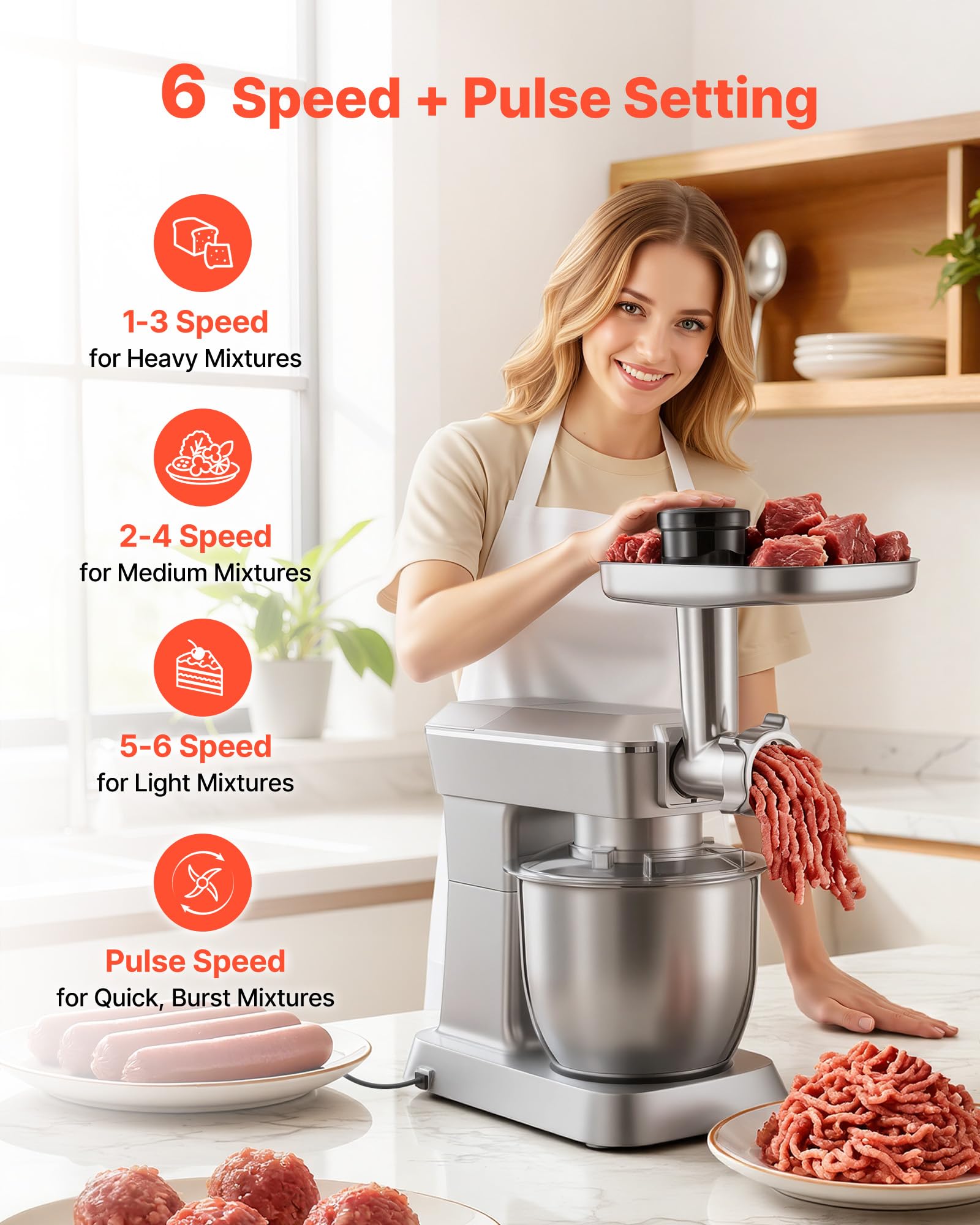 VEVOR Robot Pâtissier et Culinaire 4,3 L, Batteur sur Socle 1300 W avec Fonction Hachoir à Viande et Blender de 1,5 L, Batteur Mixeur 6 Vitesses avec Pulse, Bol en Inox, Mélange Fouettage Pétrissage