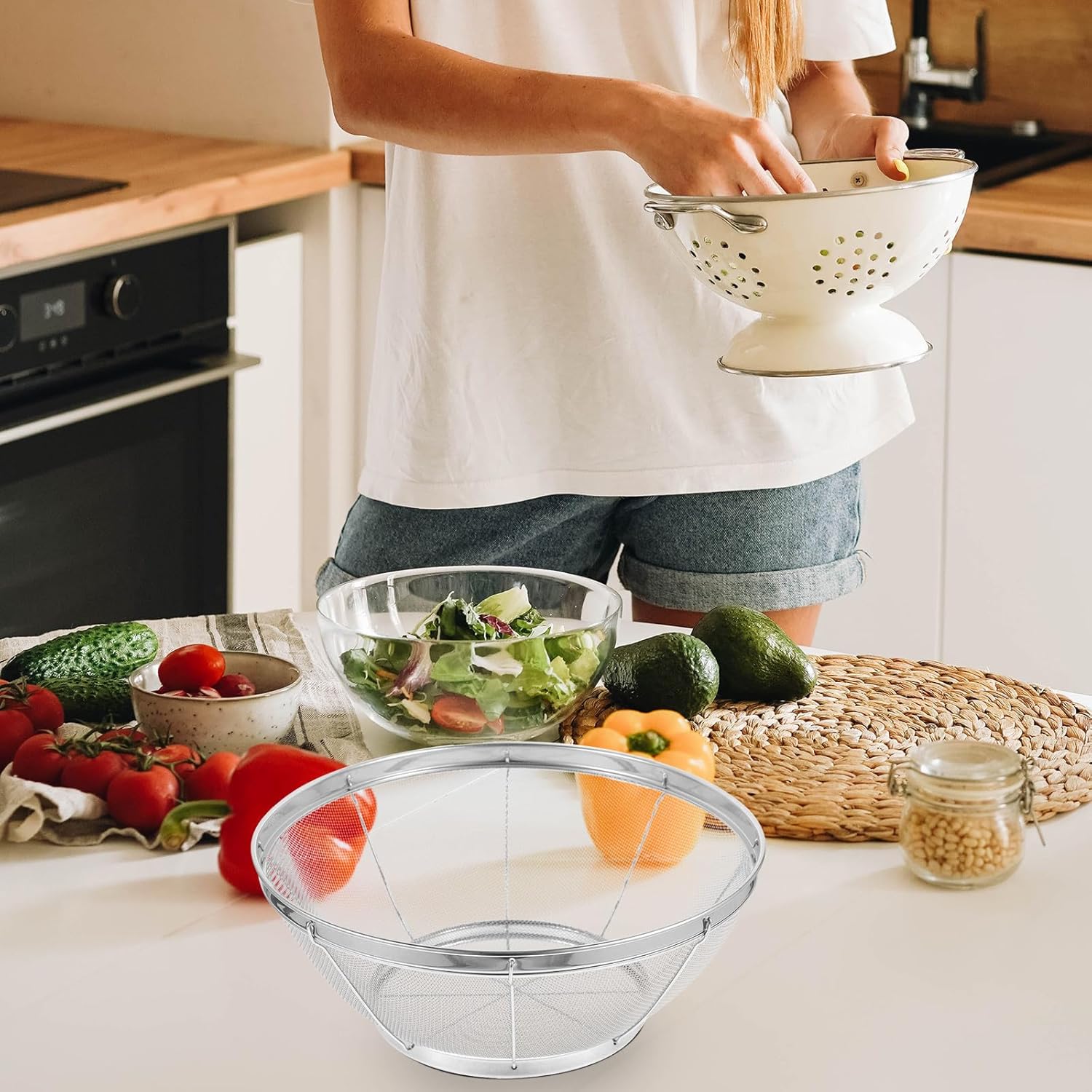 Cabilock 5pcs Stainless Steel Wire Mesh Food Strainer Basket Set, Multi-size Rice Washer Colander Bowls for Vegetable and Fruit Washing, Kitchen Drainage Basket for Home Cooking