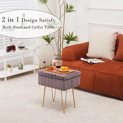 Miniatura 3 de Wimarsbon Otomana de almacenamiento de piel de visón sintético, taburete suave moderno, banco de almacenamiento con patas de metal, asiento de
