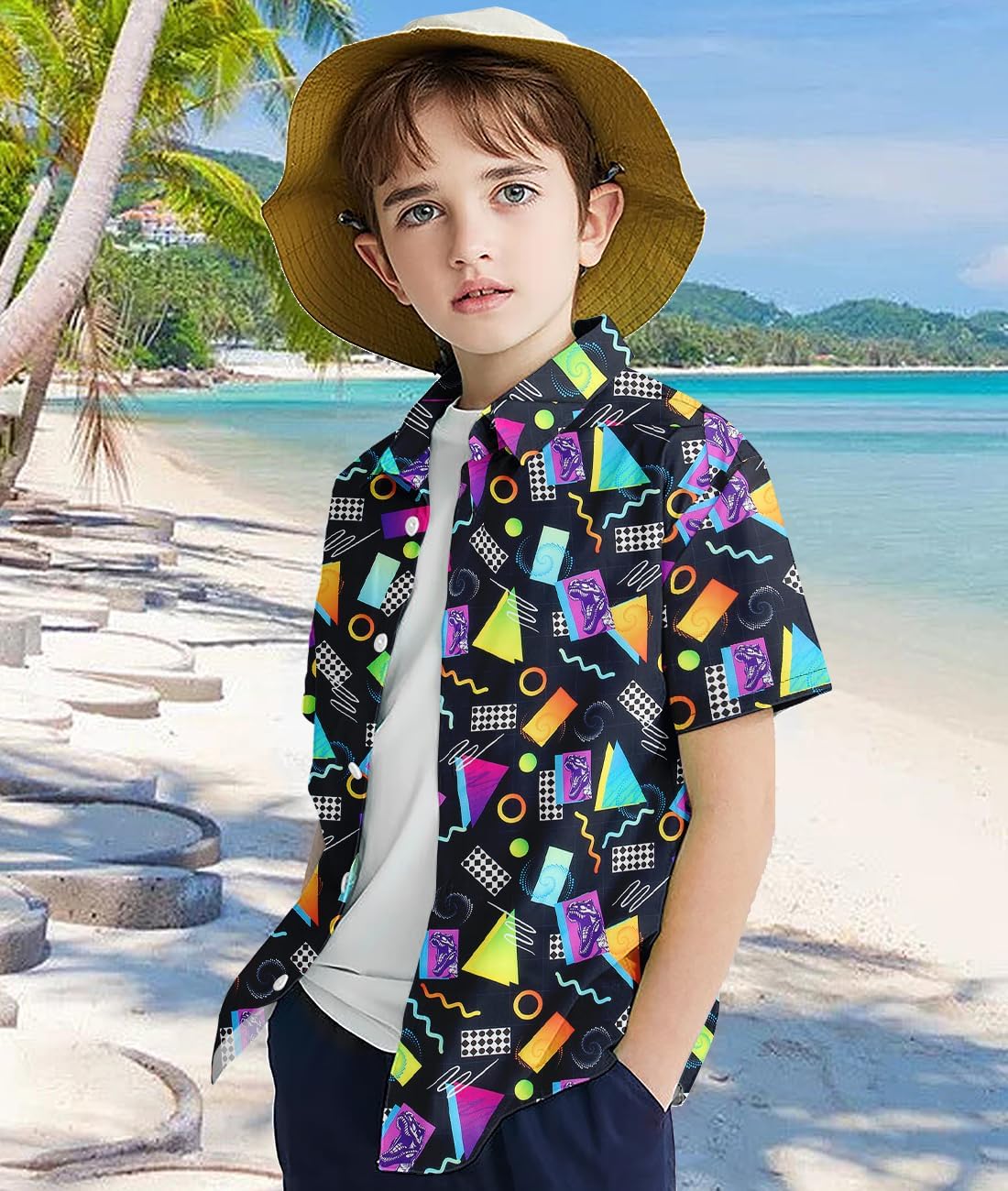 uideazone Boys Hawaiian Shirts Novelty Printed Funky Short Sleeve Button Down Shirt Kids Aloha Luau Shirt 7-14T - Image 2