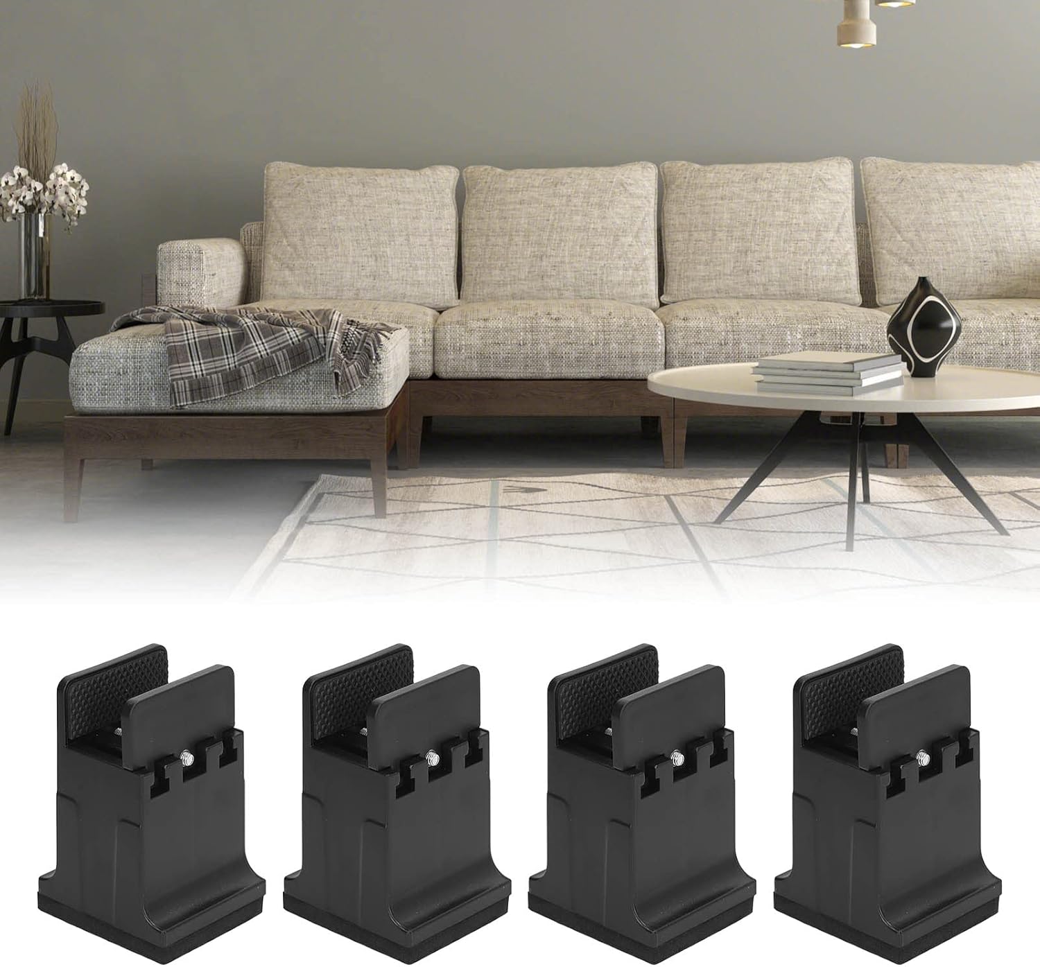 4Pcs Bed Riser, Rubber Furniture Riser Adjustable Raised Bed Blocks Sofa Risers Table Desk Feet Raising Pads with Screw Clamp for Home Office (Black)