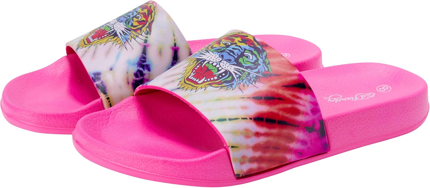 ED HARDY Women's Sandals - Slip-On Beach/Pool Slides with Tattoo Prints