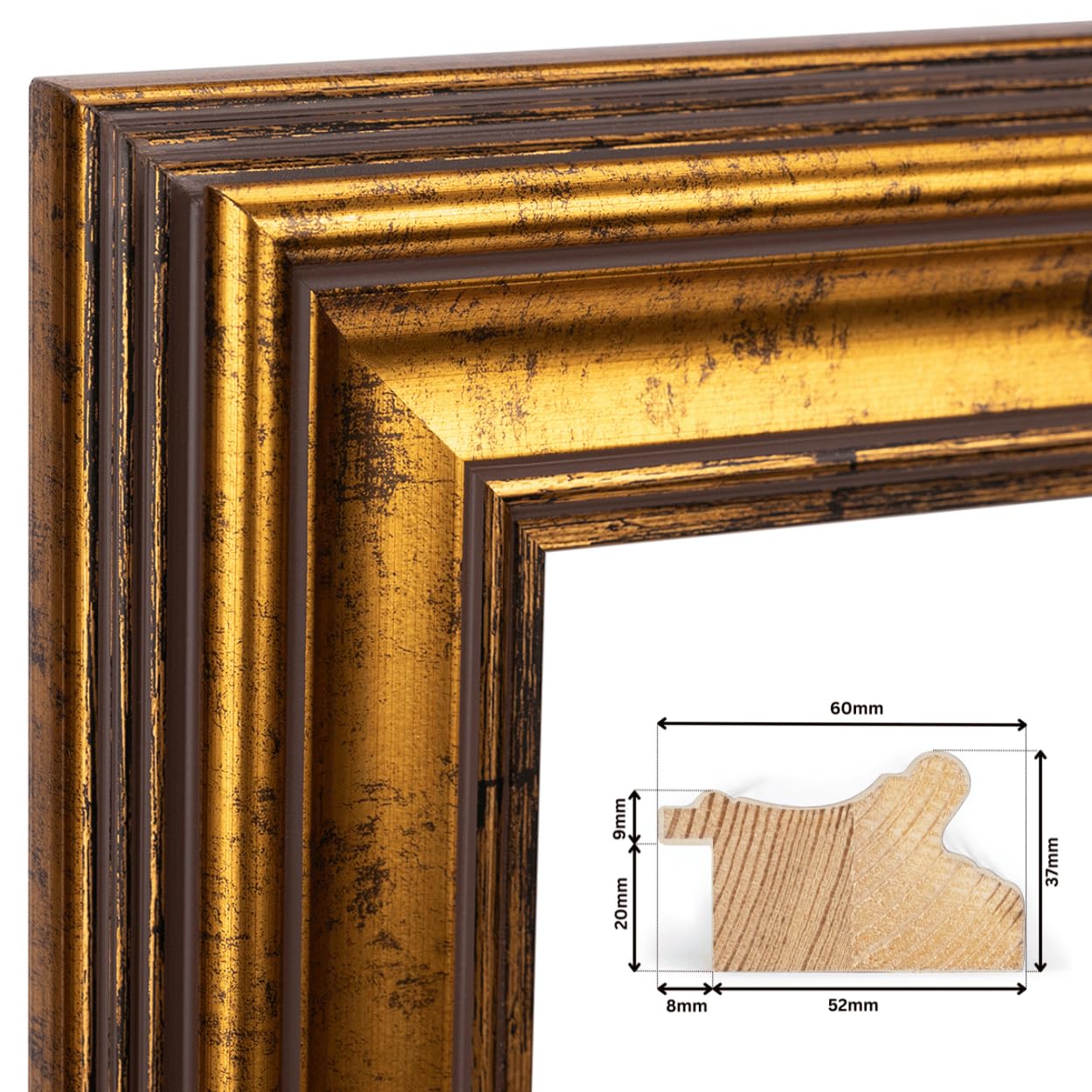 CLAMARO 'Prag' antyczne lustro ścienne z ramą, 30 x 105 cm, w kolorze złoto-brązowym, shabby chic, barokowe lustro z drewnianą ramą, lustro barokowe z metalową zawieszką i materiałem montażowym