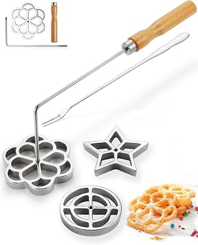 Bunuelos Mold with Handle, 304 Stainless Steel Flower, Round and Star | Rosette Molde with Long Fork- Rosette Para Bunuelos De Viento Moldes Mexicanos Tools Set with 3 Interchangeable Heads