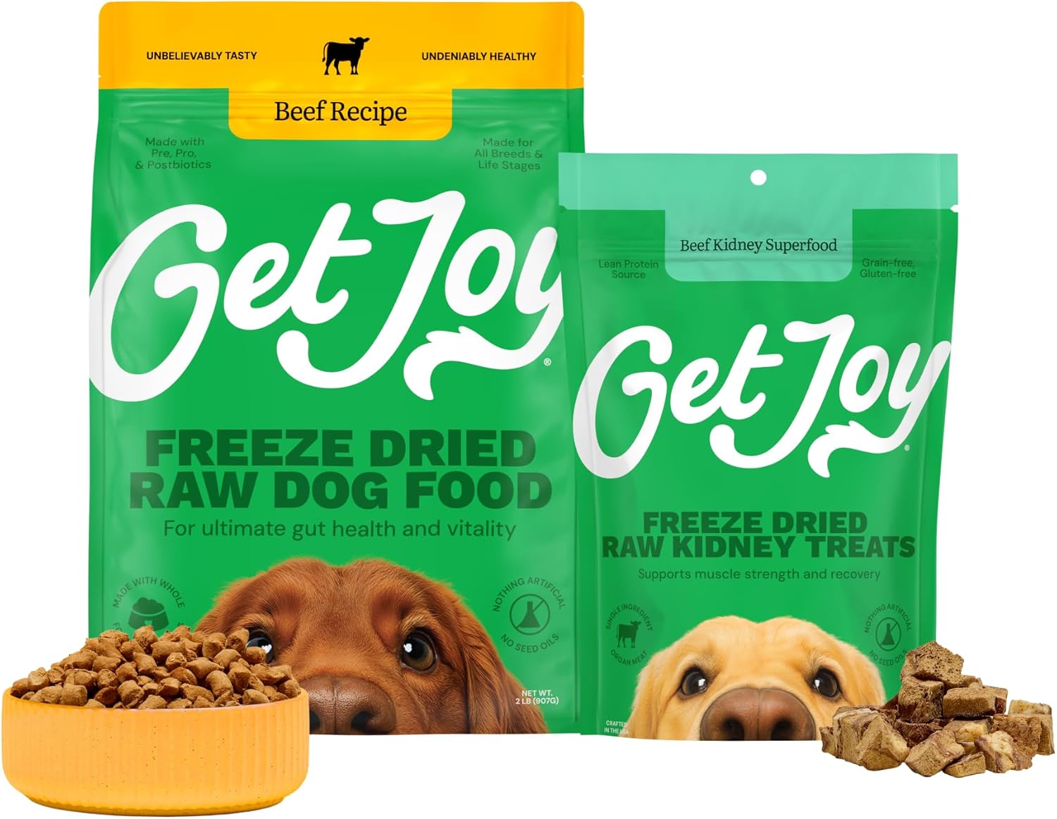 Get Joy Freeze-Dried Meal and Treats Bundle, Flexibility 100% Beef Kidney Treats, 4 Ounce, and Gut Health Fresh Freeze Dried Raw Meal Dog Food, Beef Recipe, 32 Ounce
