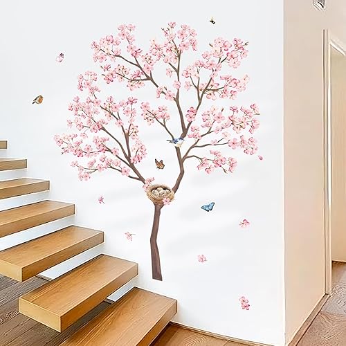 Miniatura 3 de decalmile Pegatinas de pared de árbol rosa con flores de cerezo pájaros y ramas, decoración de dormitorio, sala de estar, cocina (H:39.4 in)