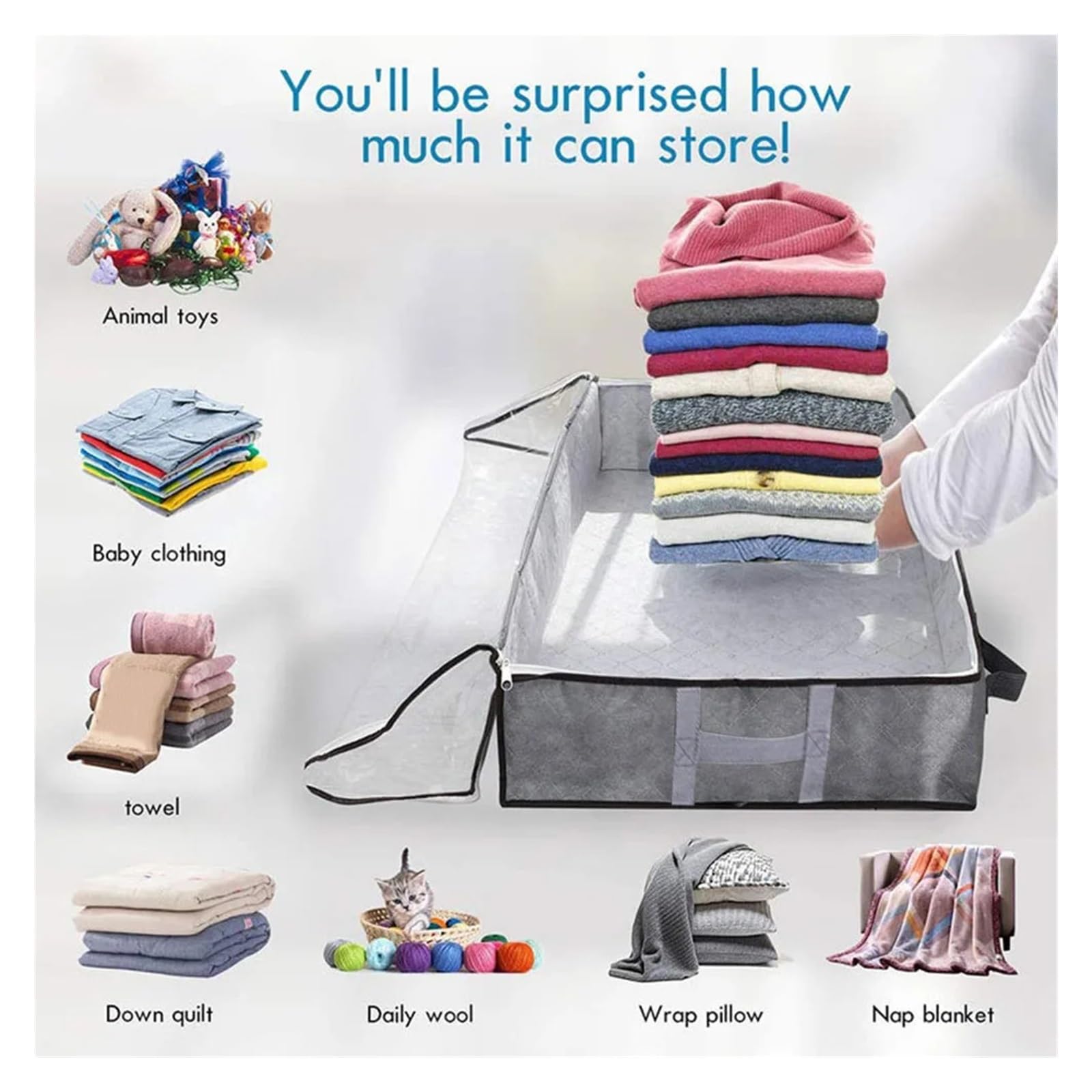 Organizador de mantas plegable Bolsa plegable for guardar ropa, con ventana de visualización, organizador de mantas y ropa, contenedor de almacenamiento con 2 asas(Four Pack)