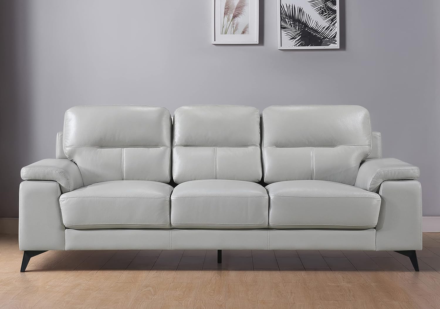 Lexicon Leather Couch, Modern Couch Sofa, Top Grain Leather Sofa, Oversized Sofa for Living Room, Bedroom, Office, Apartment, 3-Seater Couches, Silver Gray